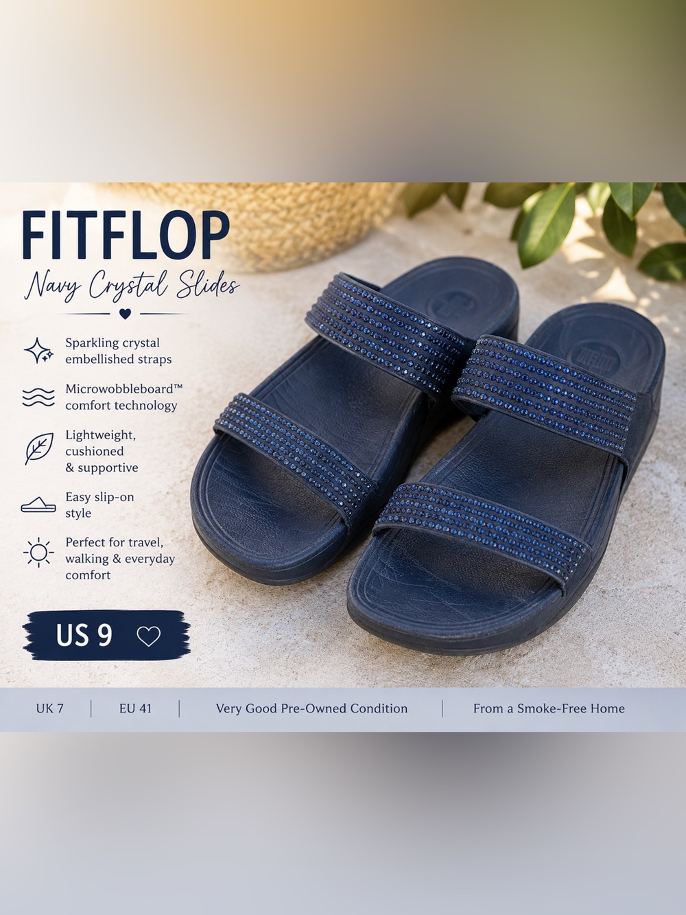 FitFlop Navy Blue Crystal Embellished Comfort Slide Sandals | US 9